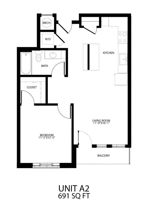 Floor plan for 1 bed, 1 bath, 691 sqft
